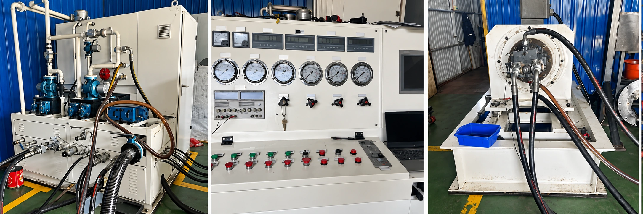 Ilustrasi hydraulic pump bench test, panel kontrol dan fixture pengujian