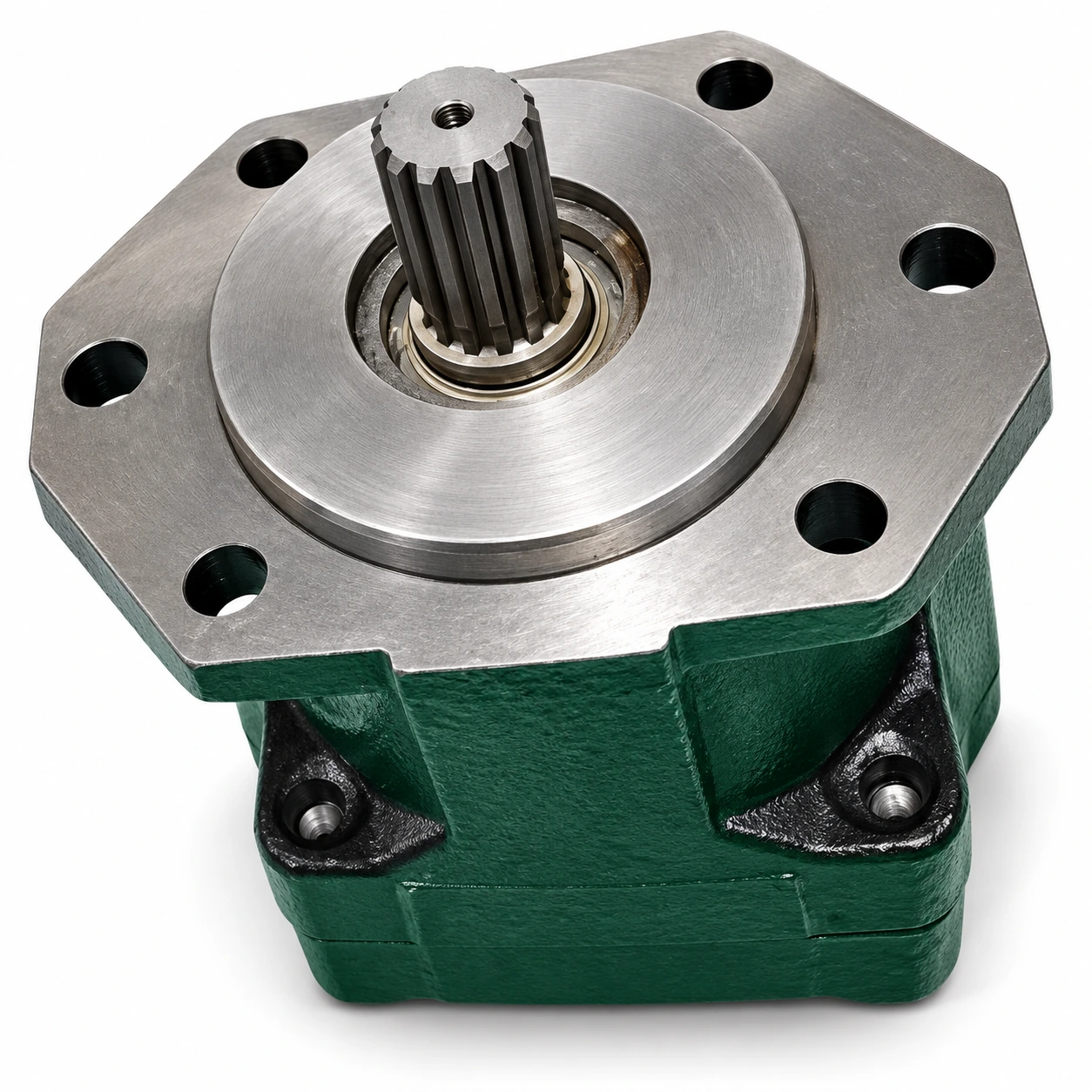 Ilustrasi fan motor dengan housing hijau, flange baja dan splined shaft