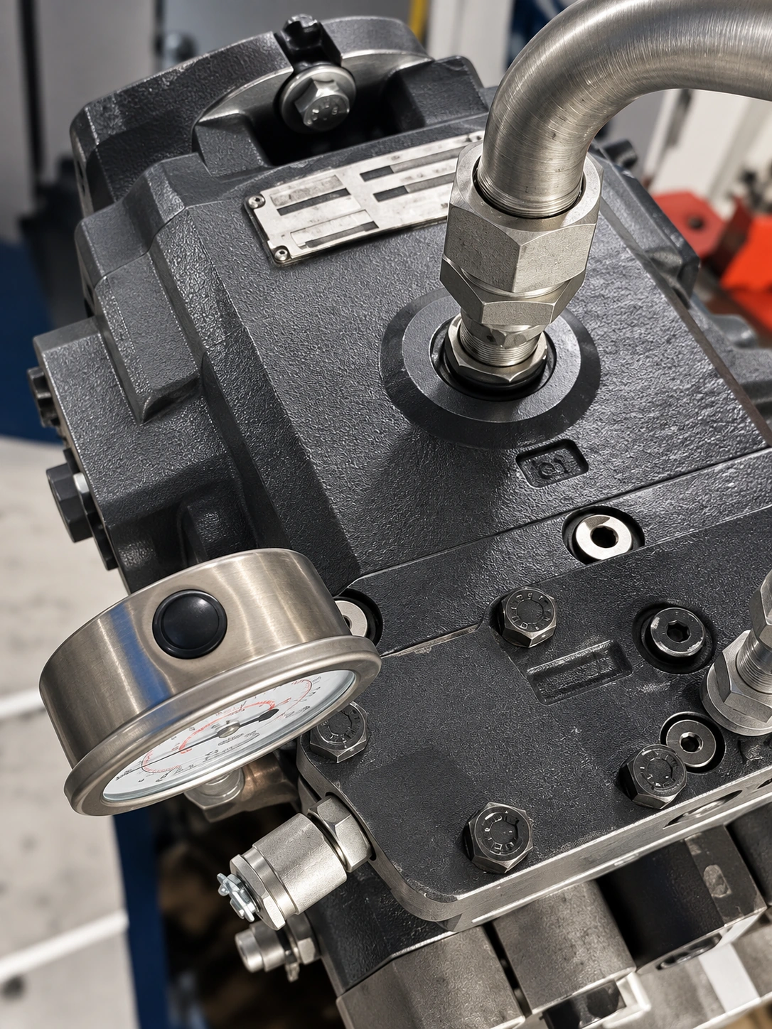 Ilustrasi hydraulic pump, sambungan pipa baja dan pressure gauge
