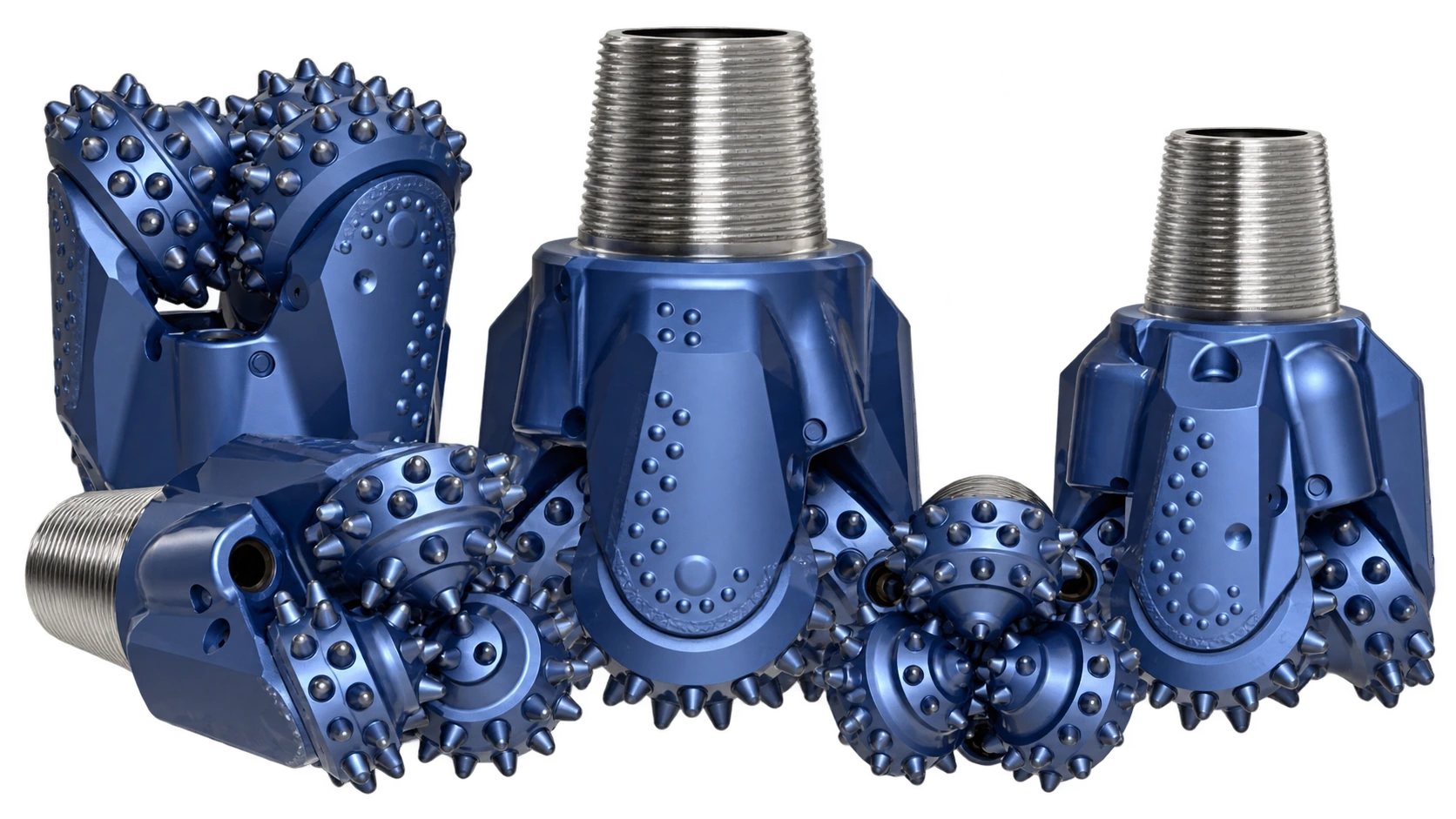 Ilustrasi rangkaian V-Series tricone drill bits dengan body biru dan koneksi berulir